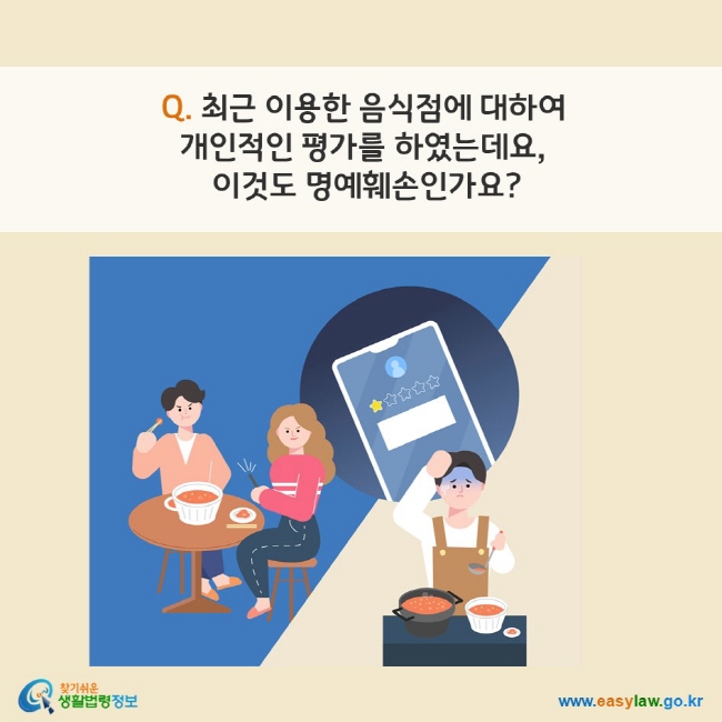 Q. 최근 이용한 음식점에 대하여 
개인적인 평가를 하였는데요,
 이것도 명예훼손인가요?